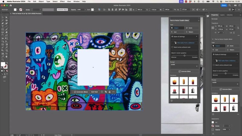 A blank vector placeholder square placed directly over a complex, colorful graffiti monster mural background, preparing to sample the environmental design style.