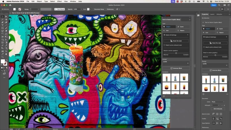 A generated vector candle nested seamlessly inside the graffiti mural artboard, perfectly mimicking the wild colors, thick black outlines, and psychedelic shading of the surrounding characters.
