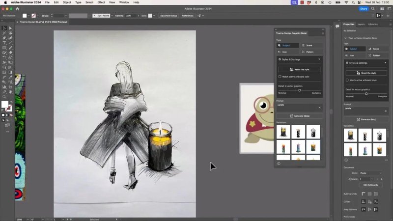 The Illustrator canvas displaying a sketch-style candle variation generated to seamlessly match the fine-art ink hatching and charcoal aesthetic of an adjacent fashion illustration artboard.