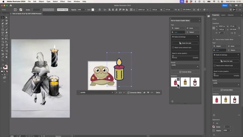 A flat, clean vector cartoon candle icon with bold outlines positioned next to a cartoon turtle reference character, demonstrating cohesive style consistency across generative assets.