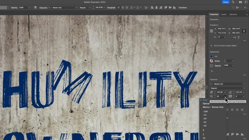 A close-up view in Adobe Illustrator showing the character kerning dropdown menu open in the Properties panel on the right, being adjusted next to the word 