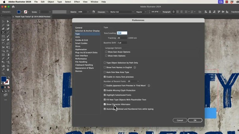 The Illustrator Preferences dialog window open to the 