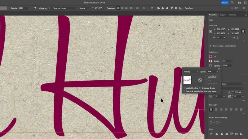 A high-magnification view in Adobe Illustrator showing large maroon script lettering over a textured paper background, with the Transparency panel overlay open showing the blending mode set to 