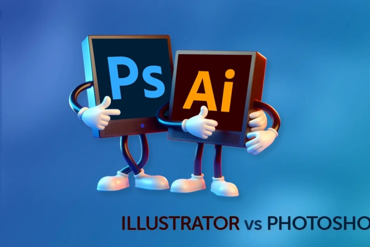 two screens with photoshop and illustrator logos
