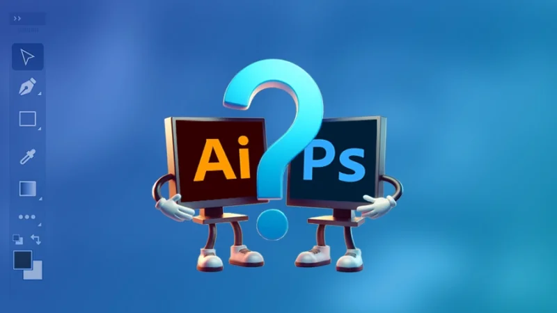 computer screens with illustrator and photoshop logos standing next to a question mark