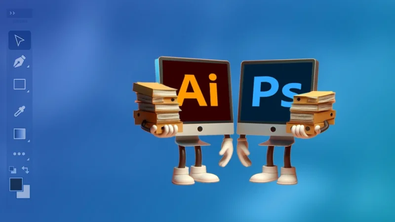 computer screens with illustrator and photoshop logos holding paper files