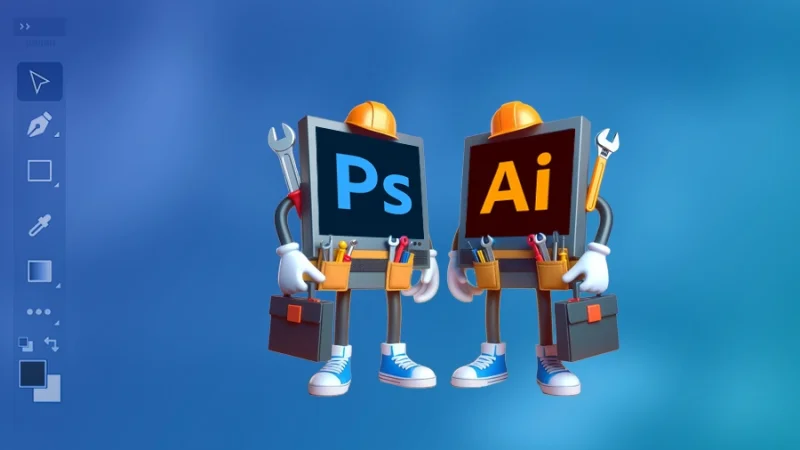 computer screens with illustrator and photoshop logos wearing tool belts and safety hats