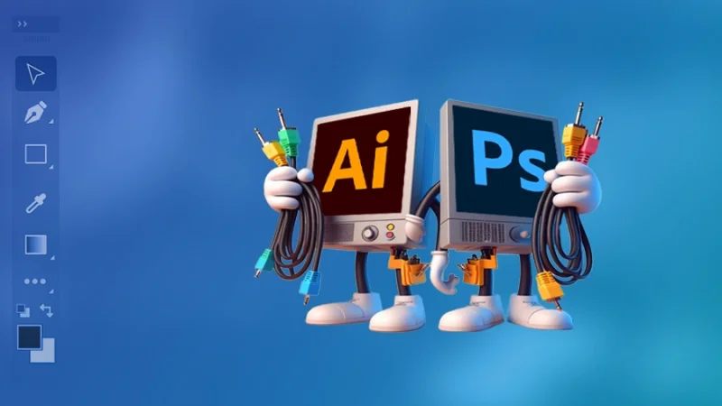 computer screens with illustrator and photoshop logos holding cables and plugs