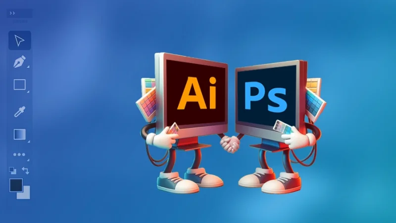 computer screens with illustrator and photoshop logos planning generative recolor
