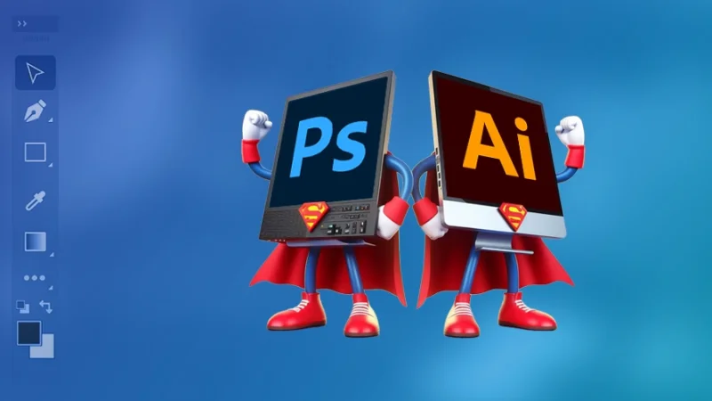computer screens with illustrator and photoshop logos dressing up as superheroes