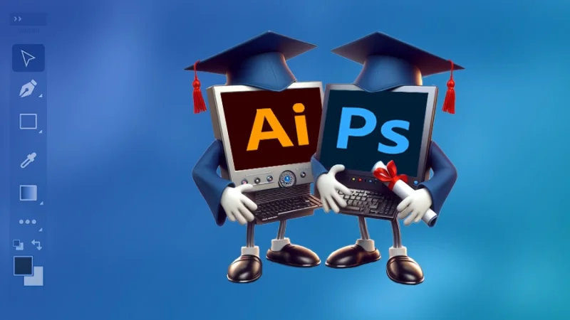 computer screens with illustrator and photoshop logos wearing graduation gowns