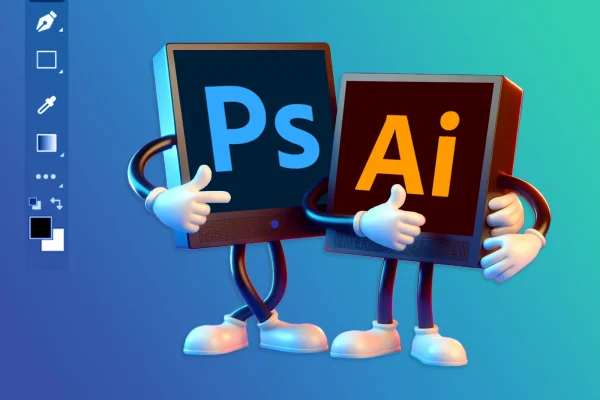 two screens with photoshop and illustrator logos