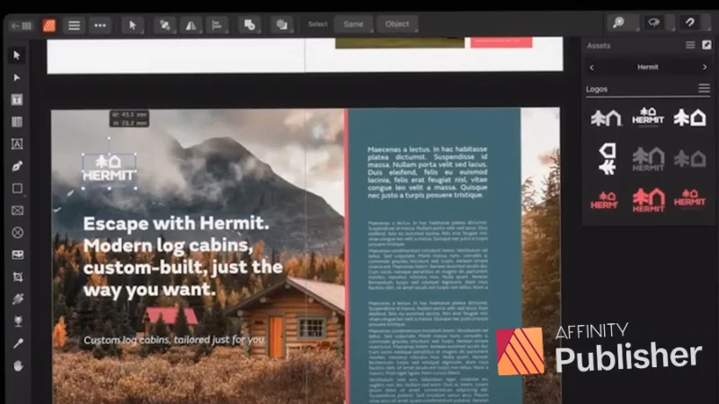 page layout design and assets library preview in affinity publisher