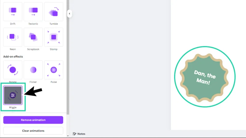 adding the wiggle add-on animation effect to custom shape in canva