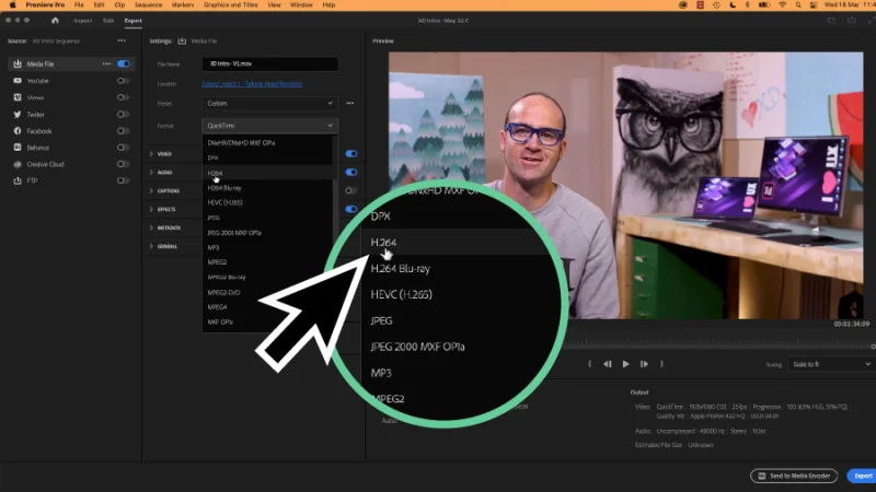 format settings highlighted in export window in Premiere Pro