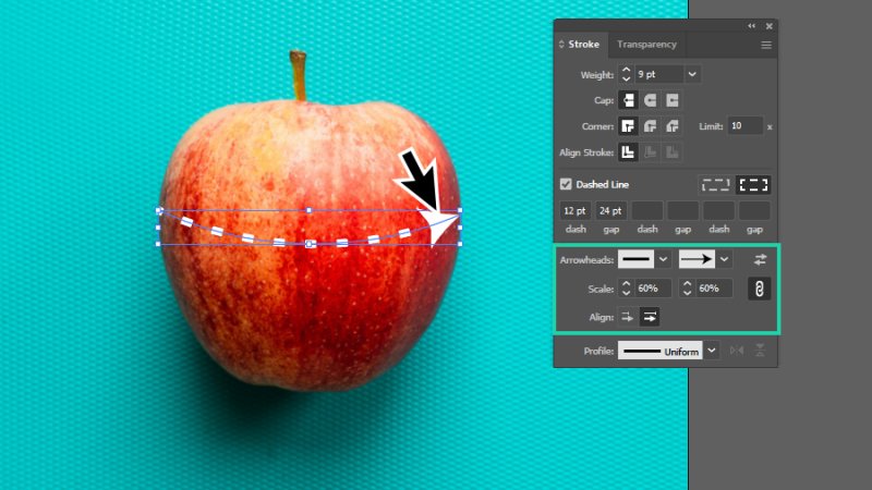 arrowhead settings highlighted in the stroke panel in illustrator