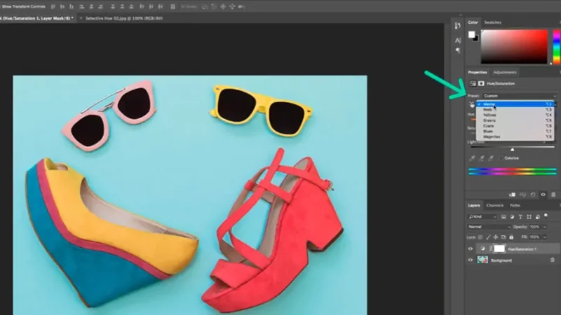 From the Preset option, we can define which hue is going to be changed.