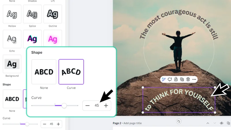setting a value of 45 to text curvature in canva