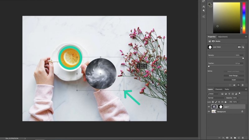 Free Transform allows you to adjust the size of your Layer Mask to fit the coffee cup.