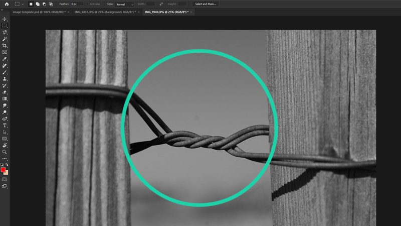 To remove the wire from the center of our image, we may need to guide Content-Aware Fill through a few steps.