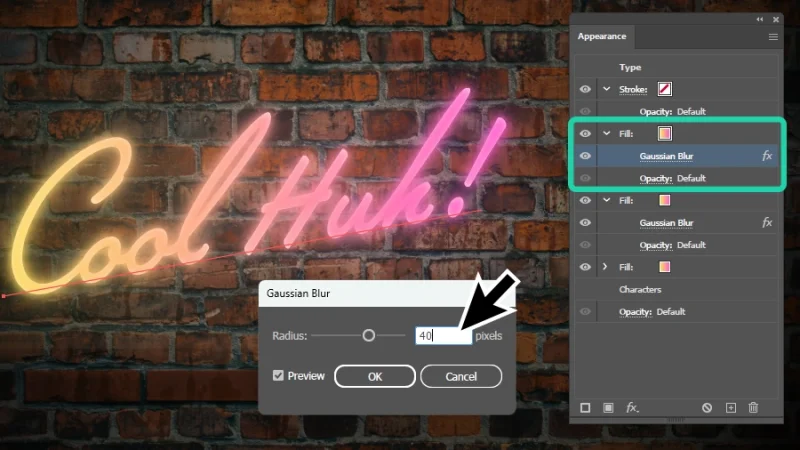setting a gaussian blur radius value of 40 in adobe illustrator