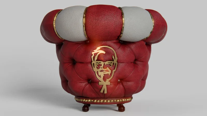 A bucket of KFC chicken that has the texture and appearance of a red sofa