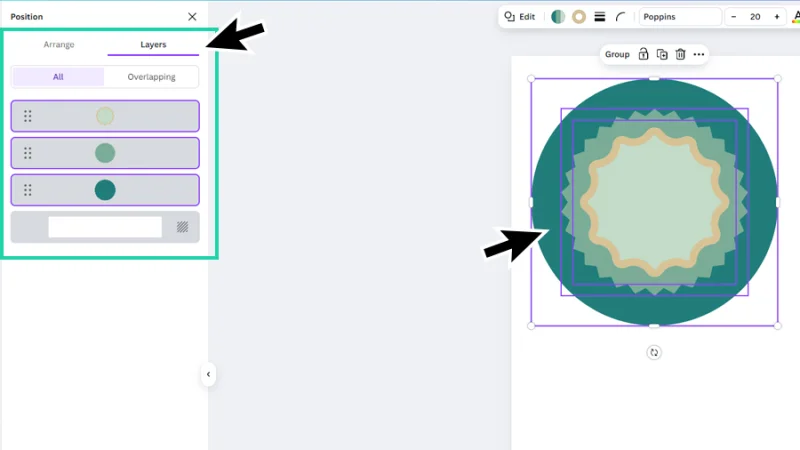 view of the layers tab of the position panel and changes preview on page in canva