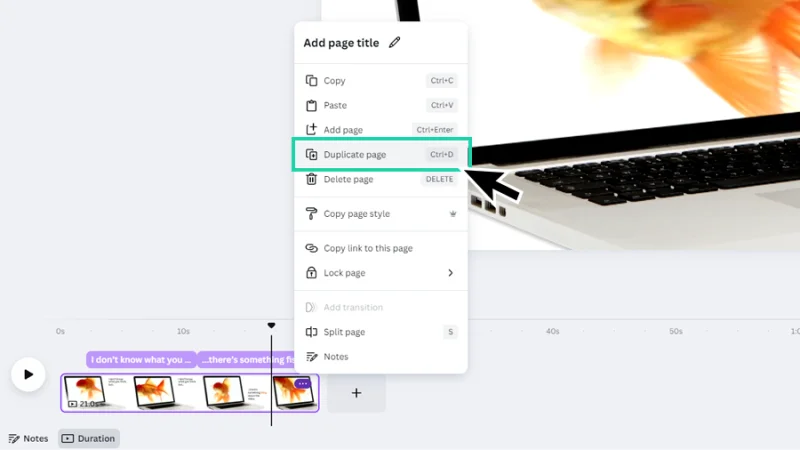 duplicating a video page on timeline in canva