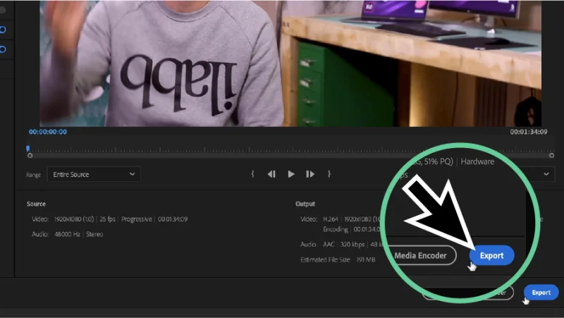 export button highlighted in export window in Premiere Pro