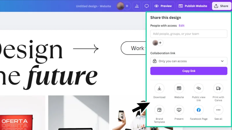sharing options panel highlighted in canva