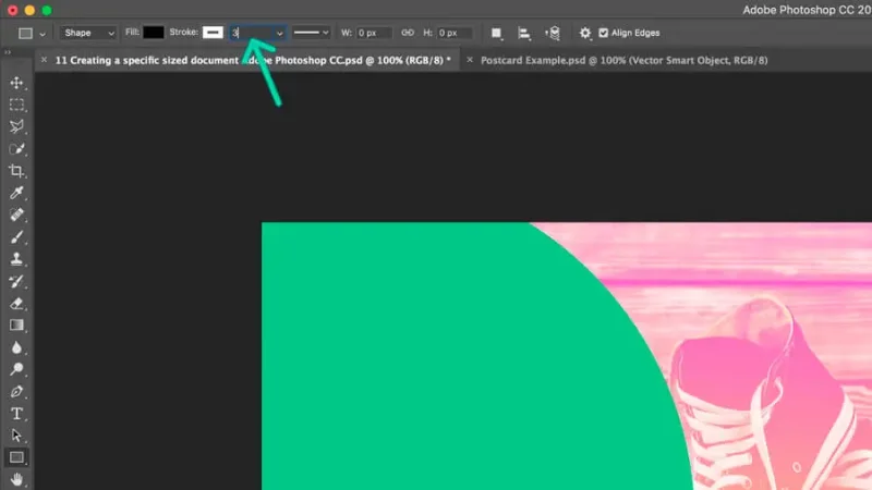 stroke thickness set up by 3 pixels on the shape tool options bar in adobe photoshop