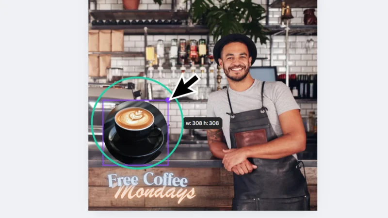 adjusting circle frame size inside a coffee shop themed page in canva