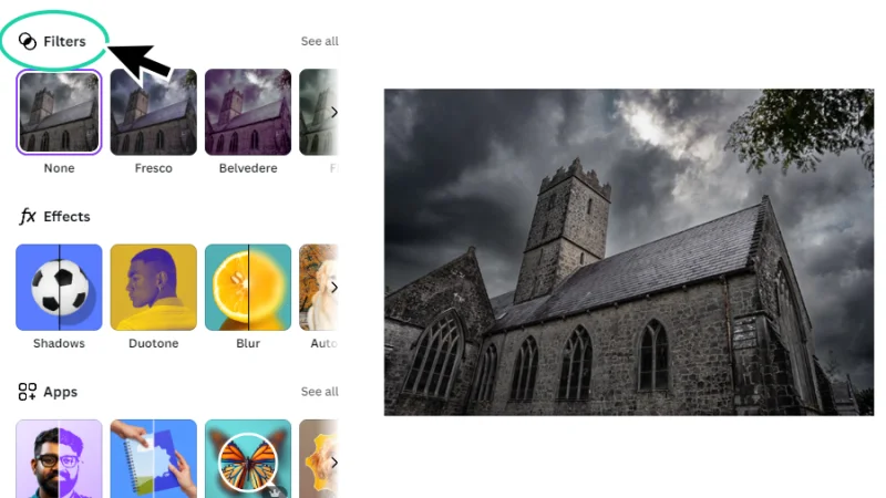filter section highlighted from the image panel in canva