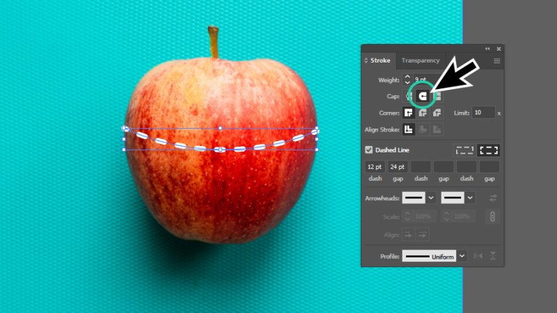 round caps option highlighted in the stroke panel in illustrator