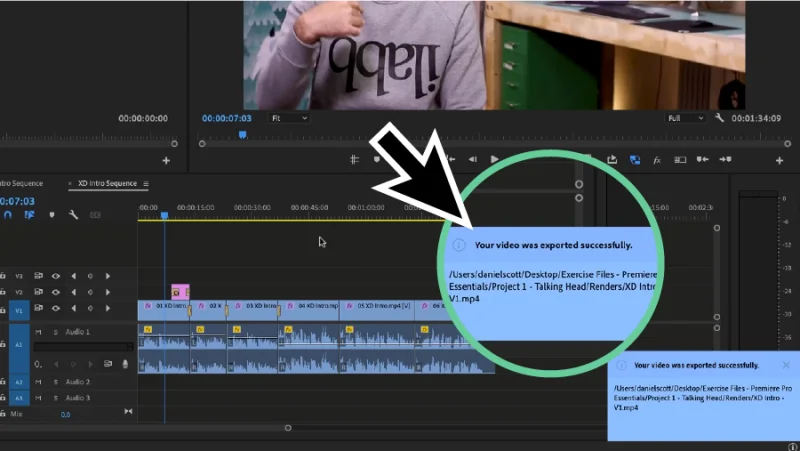 successful export message in Premiere Pro