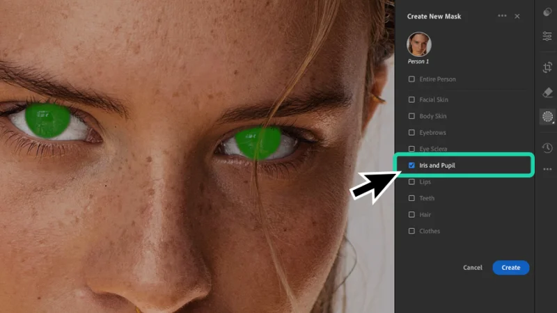 color shading preview of irises mask on a female model photo in lightroom