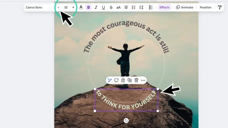resizing font size and previewing curvature alignment to photo subject in canva