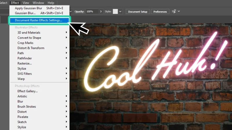 document raster effects option highlighted in adobe illustrator