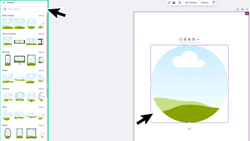 placing a new circle shaped frame on a project page in canva