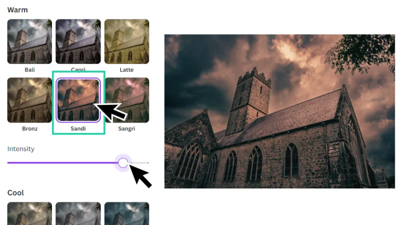 applying warm color filter to photo of a church in canva