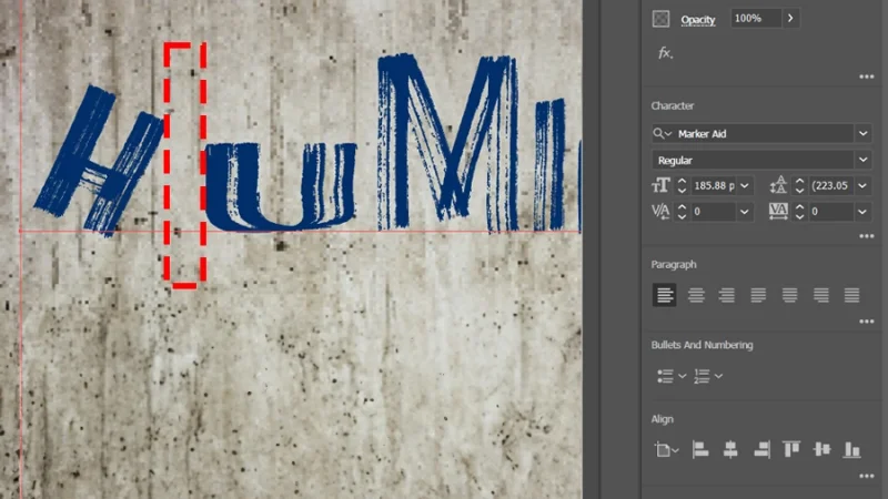 gap marked in a dashed red rectangle between the letters h and u in adobe illustrator