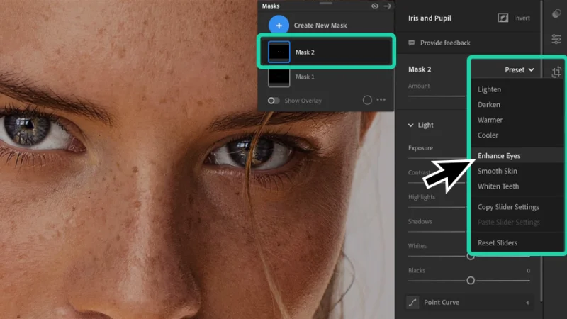applying the enhance eyes adjustment preset to female model photograph in lightroom