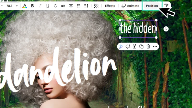 clicking the position button in the top toolbar in canva