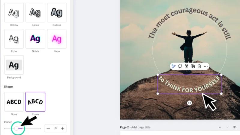fine tuning text curvature value and image alignment in canva