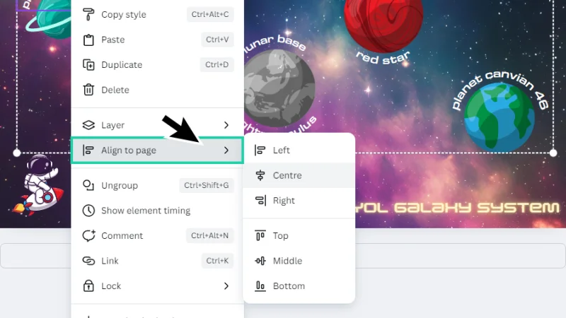 aligning group to page center in canva