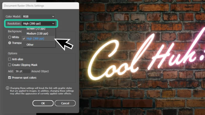 raster effect resolution set to 300 ppi in adobe illustrator
