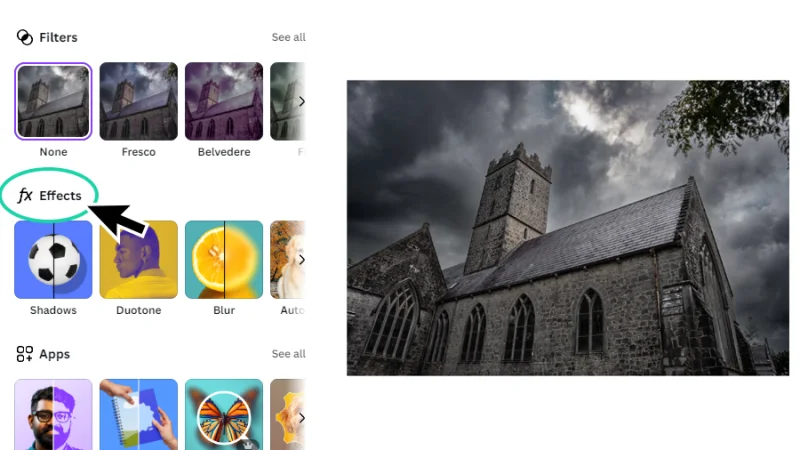 effects section highlighted in the image panel in canva
