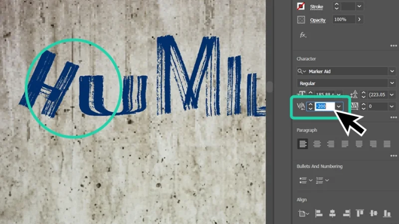 adjusting kerning value to minus two hundred in adobe illustrator