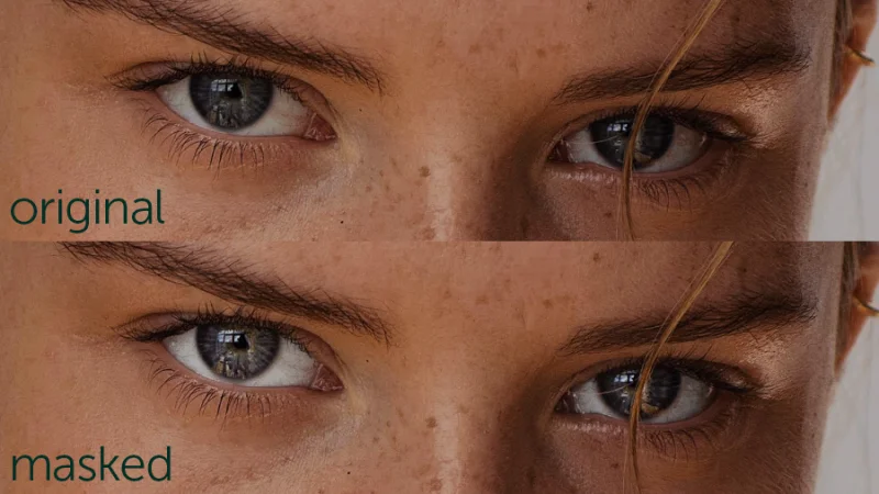 original and masked comparison of enhanced eyes photo retouching in lightroom