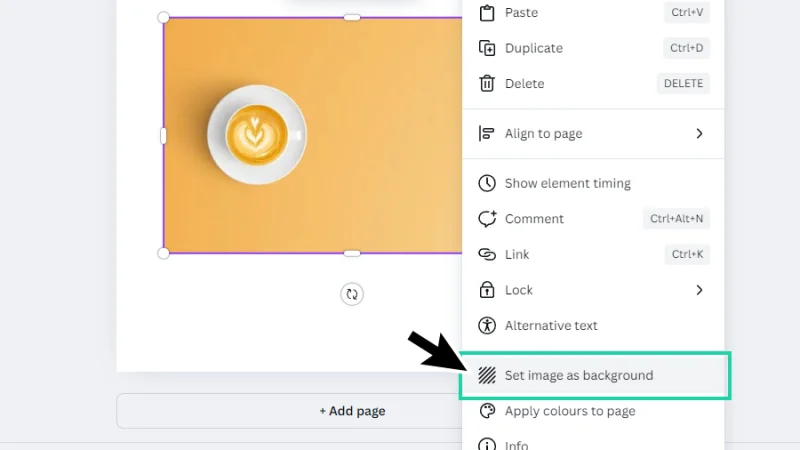 set image as background option highlighted in canva